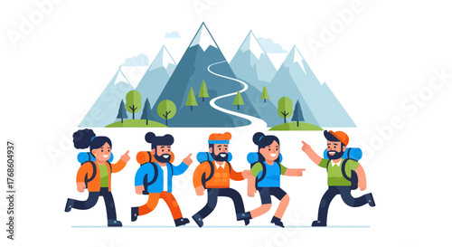 Adventurous Group Of Hikers Journeying Up The Mountain Towards Snow Capped Peaks