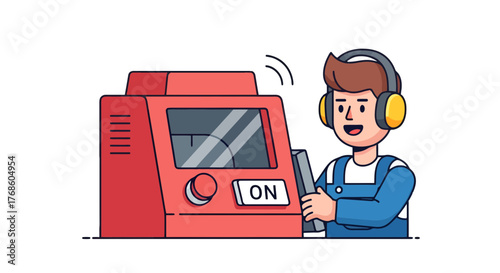A Person Activating a Machine While Wearing Headphones: A Vector Illustration
