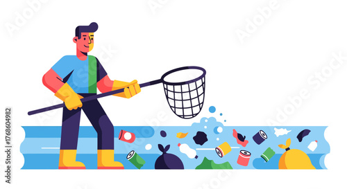 A Person Collecting Litter From Water Saving Earth From Pollution With A Net