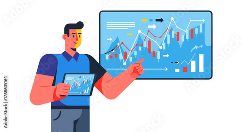 Analyst Presenting Financial Data Visualizations With A Tablet And Wall Display On A Dark Surface