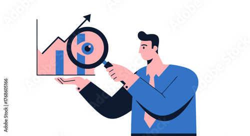 Analyst Scrutinizing Business Metrics with Magnifying Glass and Elevated Growth