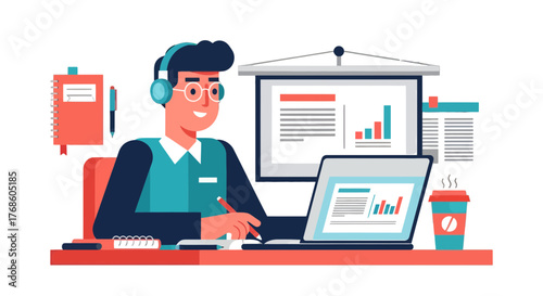 Analyst Working On Business Data And Statistics With Presentation And Coffee