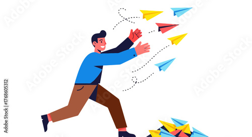 A Person Releases Colorful Planes in Modern Illustration on Black Background