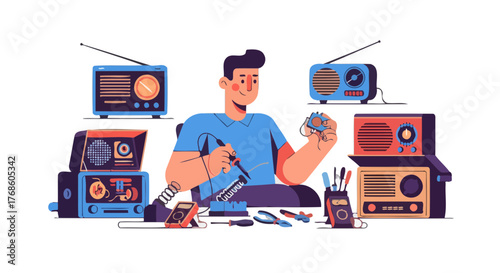 A Person Soldering Electrical Components and Radios with a Black Background