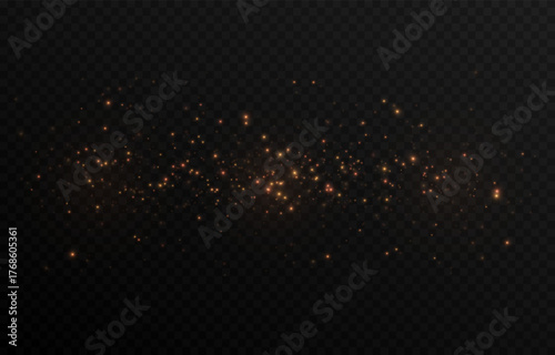 Golden glowing magic dust on a transparent background. Flying light particles PNG. Glowing dust PNG.