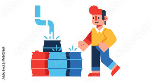 A Person Supervising the Filling of Barrels with Liquid from a Pipe Illustration