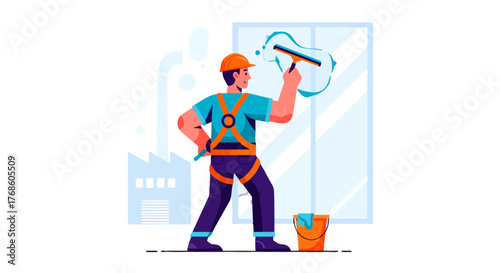 A Professional Window Cleaner Performing A Job Next To A Factory, Vector Illustration