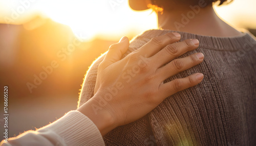 Cropped shot showing a friend’s hand resting on another person’s shoulder, expressing empathy and encouragement, natural daylight, shallow depth of field
