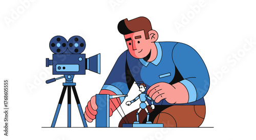 Animation Director Crafting Miniature Character Scene With Vintage Film Camera