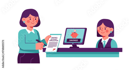 Applying For Savings Account Illustration With Bank Teller and Piggy Bank On Screen