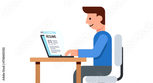 Applying For A Job: Man Reviews Resume During Online Interview In Modern Simplified Style