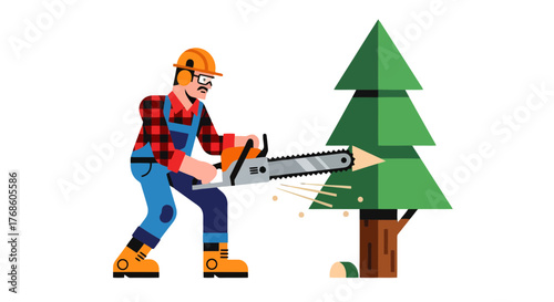 Arborist Cutting Down A Pine Tree With A Chainsaw Depicting Lumberjack Cartoon Illustration