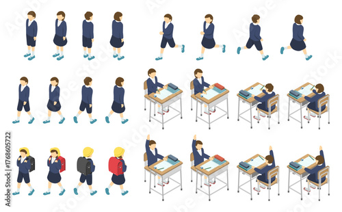 アイソメトリックイラスト：制服の小学生セット