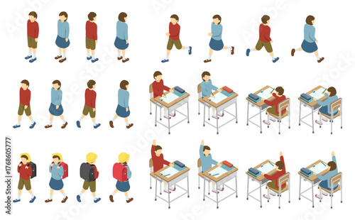 アイソメトリックイラスト：私服の小学生セット