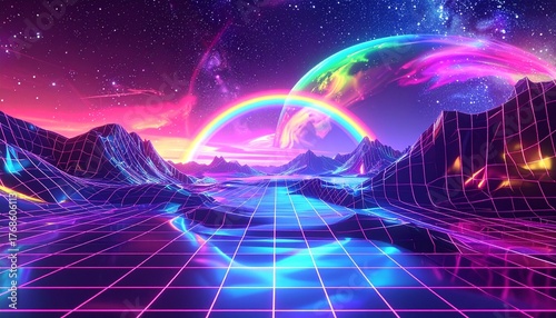 3d Abstract retro digital fabric. Sci-fi background. Holographic neon foil. Rainbow 