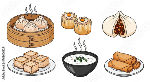 Set of 6, dimsum, hot, Vector art style, Flat design illustration, clean outline, plain white background