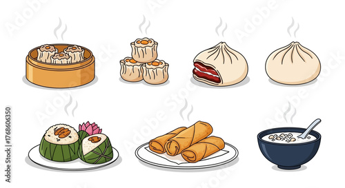 Set of 6, dimsum, hot, Vector art style, Flat design illustration, clean outline, plain white background