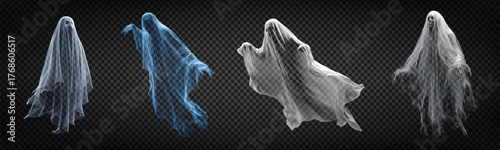 Vector set of ghosts isolated on transparent background. Concept of Happy Halloween holiday.