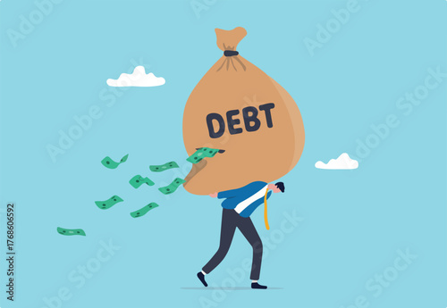 Debt burden, financial obligation or loan payment, heavy load of money failure, mortgage or borrowing money problem concept, tried businessman carrying big debt money bag losing money banknotes