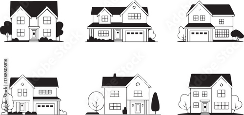 minimalist black and white house illustrations set six residential facades vector icons for architecture projects