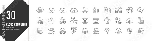 Cloud Computing Line Icons: Data Storage, Server, Network, and Security Vector Set