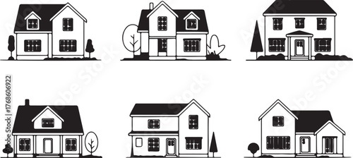 residential house designs black and white vector set modern and traditional facades for architects and designers