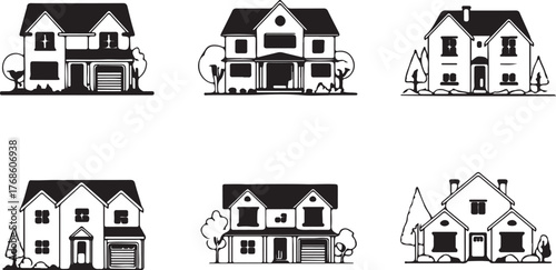 collection of six home elevations minimalist black and white vector illustrations perfect for blueprints and mockups