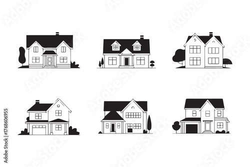 black and white vector houses six facade variations residential architecture icons for catalogs and presentations