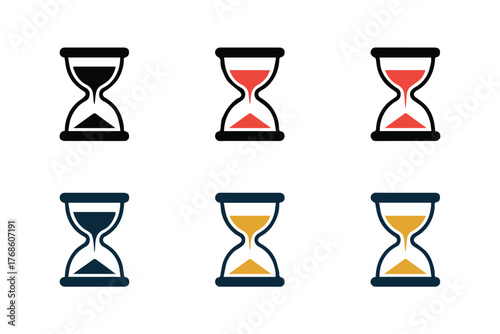 flat hourglass icons showing sand progression in three colors for timers, deadlines, and time management