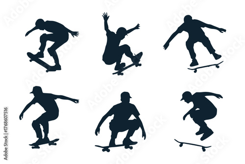 skateboarding silhouette vector pack athletic aerial jumps ollies balanced stances for design