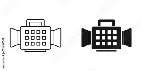 Two icons of a portable charger with a screen, one outlined and one solid black