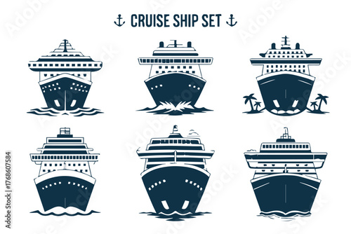 stylized cruise ship set front views tropical travel motifs simple vector liners for branding and web