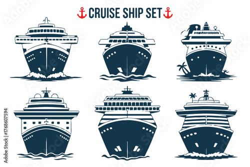cruise ship front views pack graphic liner silhouettes ocean travel icons tropical island vector set