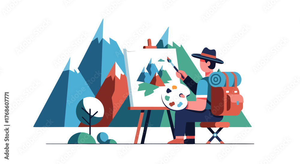 Obraz premium Artist Painting Mountain Landscape: Creative Exploration in a Serene Nature Scene
