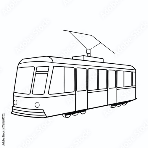 A detailed urban tram coloring page featuring a sleek city tram gliding through busy streets, surrounded by buildings and passengers, perfect for creative city-themed coloring.
