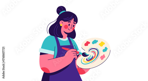 Artist Crafting Colorful Paintings Depicted On Illustration With Modern Abstract Design Style