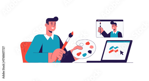 Artist Learning Painting Online And Using Digital Tools For Creating Art Illustration