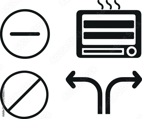 A oven, stop, disable, right arrow and left arrow sign vector isolated