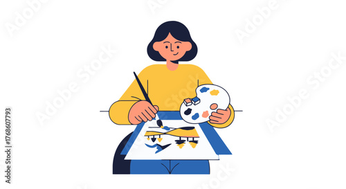 Artist Working On A Landscape Painting With Paintbrush And Palette On Black Background