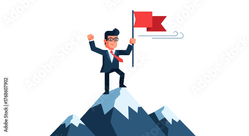 Business Leader Ascends Mountain Peak Achieving Success and Raising a Victory Flag