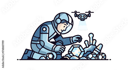 Astronaut Explores Space Terrain With Drone Technology And Scientific Discovery