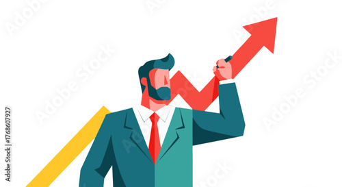 Business Leader Illustrating Growth With Infographic Arrow Chart On Black Background