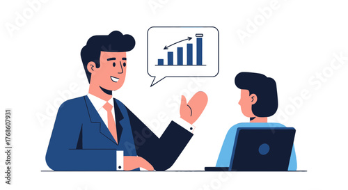 Business Leader Explaining And Sharing Statistics Through Illustrated Speech Bubble