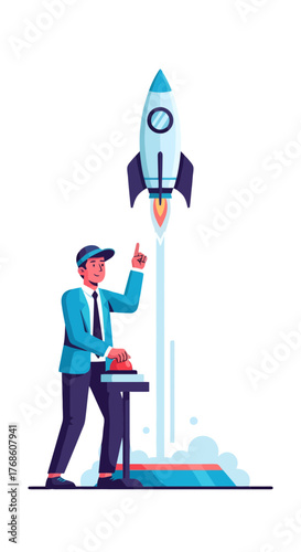 Business Leader Initiates Rocket Launch Representing Startup Success and Ambitious Goals Achievement