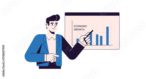 Business Leader Presenting Economic Growth Through Financial Statistics and Charts