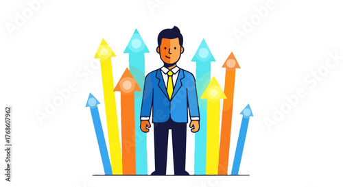 Business Leader Standing Confidently, Surrounded By Arrows Indicating Growth And Improvement