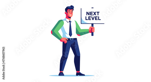 Business Leader Reaching Next Level Holding Sign Against Black Background