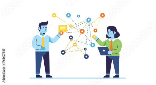 Business Partners Collaboration Reviewing Futuristic Data Connections and Technological Networks