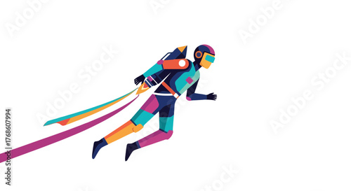 Astronaut In Colorful Flight, Futuristic Digital Art Against a Dark Background