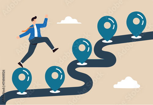 Businessman running towards milestone on the corporate map in flat design